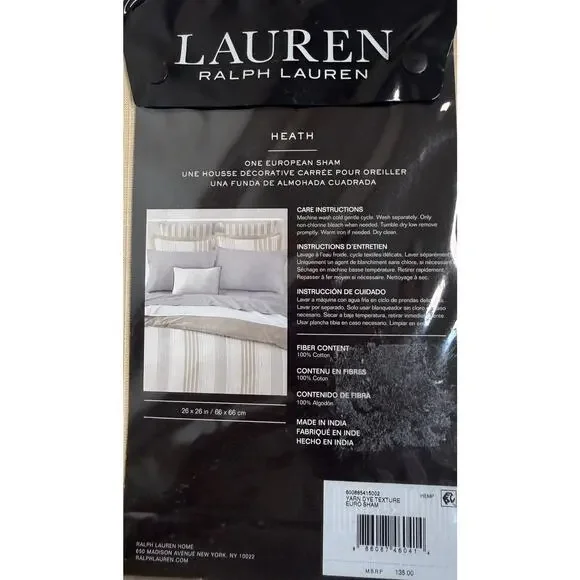 Lauren Ralph Lauren Heath European Sham 26 x 26 Tan Cream Stripe Cotton New - Picture 3 of 6